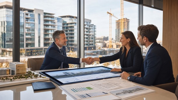 TCA representative shaking hands with clients at an office table with a building model