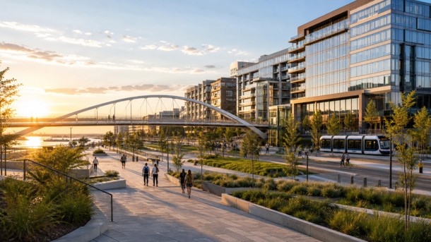 Completed riverside development with pedestrian bridge at sunset