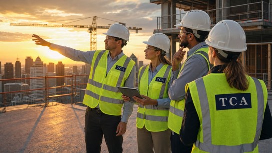 TCA site team reviewing project progress against the skyline at sunset